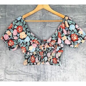 Womens Top Medium Milkmaid Cropped Coquette Floral Babydoll Smocked Girly Fairy